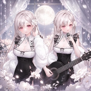 Könnte beinhalten: Zwei identische Anime-Figuren mit langem silbernem Haar und rosa Augen, bekleidet mit schwarz-weißen Kleidern mit Spitzendetails und weißem Pelzbesatz. Eine Figur hält eine schwarze Akustikgitarre, die andere ein schwarzes Mikrofon.