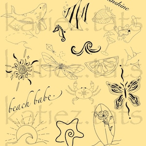 May include: Black line art illustrations on a pale yellow backdrop. The drawings include a whale, fish, seahorse, sun, dragonfly, crab, butterfly, starfish, surfboard, and the words "beach babe" and "sunshine".