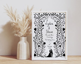 May include: Black and white wedding illustration with a floral border. The text reads "Lydia & Steve, Mr and Mrs Coventry, The Wedding Venue, 19th December 2019".
