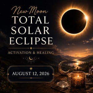 May include: A graphic featuring a total solar eclipse in a dark sky above a landscape. Text reads: New Moon TOTAL SOLAR ECLIPSE ACTIVATION & HEALING AUGUST 12, 2026. In the foreground, a lit candle, a crescent moon ornament, and crystals are visible.