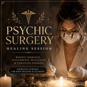 Peut inclure: Un graphique numérique avec le texte PSYCHIC SURGERY HEALING SESSION, REMOVE ENERGETIC ATTACHMENTS, BLOCKAGES & UNWANTED ENERGIES, et ENERGETIC SURGERY FOR DEEP HEALING & CLEARING. Une personne porte un masque blanc, des lunettes et des bijoux dorés.