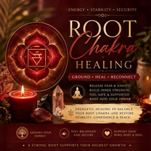 May include: A digital graphic featuring the text ROOT CHAKRA HEALING, ENERGY, STABILITY, SECURITY, GROUND, HEAL, RECONNECT, and other phrases. The image displays a red lotus symbol, a lit red candle, and clear crystals on a dark background.