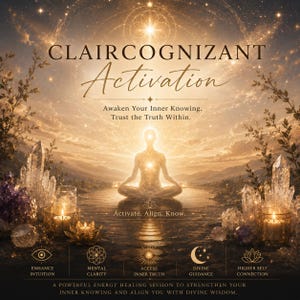 May include: A digital graphic titled Claircognizant Activation featuring a glowing figure in a meditative pose surrounded by clear quartz crystals, amethyst clusters, and lit candles. Text includes Awaken Your Inner Knowing, Trust the Truth Within, Activate. Align. Know., and five icons with labels.