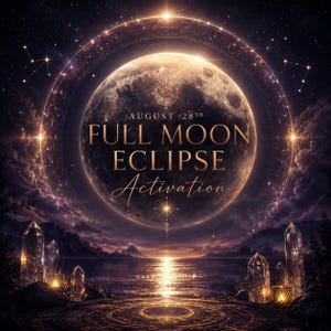 May include: A digital graphic featuring a large, glowing full moon centered in a dark, starry sky. The text reads AUGUST 28TH FULL MOON ECLIPSE Activation. Below the moon, clear crystal points stand near a body of water with a circular pattern.