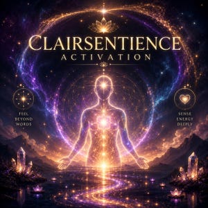 May include: A digital illustration featuring a glowing human silhouette with a central light, surrounded by purple and gold cosmic energy, mountains, and crystals. Text reads: CLAIRSENTIENCE ACTIVATION, FEEL BEYOND WORDS, and SENSE ENERGY DEEPLY.