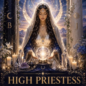 May include: A digital illustration of a figure in a white and blue robe with a veil, holding a glowing crystal ball. The scene includes candles, crystals, and pillars with the letters B and J. Text reads HIGH PRIESTESS ENERGY HEALING ACTIVATION.