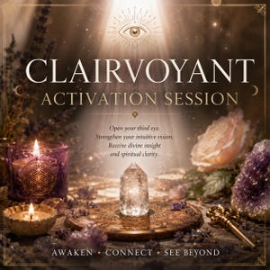 May include: A Clairvoyant Activation Session graphic featuring a central clear quartz crystal point on a wooden disc, flanked by a purple candle with a flower of life symbol, a gold key, a rose, and amethyst clusters under an eye icon.