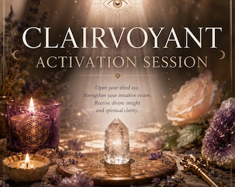May include: A digital graphic titled CLAIRVOYANT ACTIVATION SESSION featuring a central clear quartz point on a wooden disc, surrounded by a purple candle with a flower of life symbol, a light-colored rose, amethyst clusters, and a gold key.