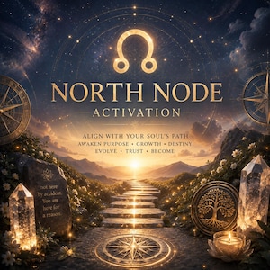 May include: A digital graphic featuring the text NORTH NODE ACTIVATION, ALIGN WITH YOUR SOUL'S PATH, AWAKEN PURPOSE, GROWTH, DESTINY, EVOLVE, TRUST, BECOME, and not here by accident. You are here for a reason. Includes crystals, a stone path, and a compass.