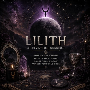 May include: A dark, mystical graphic featuring a large moon with a Lilith symbol above the text LILITH ACTIVATION SESSION. Below, the text reads EMBRACE YOUR TRUTH, RECLAIM YOUR POWER, HONOR YOUR SHADOW, AWAKEN YOUR WILD SOUL, surrounded by candles, crystals, and a chalice.