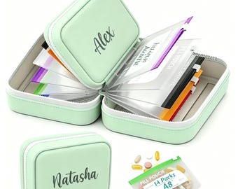 Estojo de comprimidos personalizado para viagem, organizador de comprimidos com nome personalizado, bolsa para medicamentos com zíper em couro sintético, presente portátil para armazenamento de vitaminas para mãe e pai.