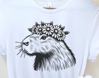 Capybara T-shirt Daisy Crown Line Art Tee Black White Botanical T-shirt Capybara Love Unique Shirt Boho Chic Tee  Art Teacher Shirt