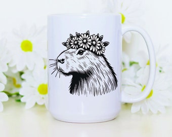 Capybara Ceramic Mug 15oz Daisy Flower Mug Capybara Lover Gift Desk Mug Home Office Cup Black White Wildlife Line Art Illustration Mug