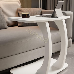 Large White C Table, Sofa Laptop Desk, Marble Look Couch Table, Home Office Furniture, Housewarming Gift, Modern Side Table