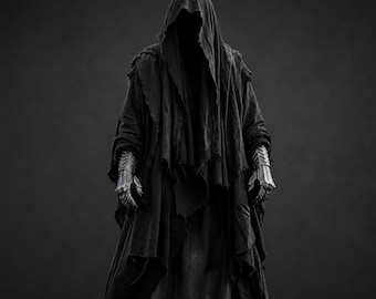Schwarzer Kapuzenumhang, Ringgeist-Kostüm, mittelalterlicher Kapuzenumhang, gotischer Fantasy-Umhang, LARP-Cosplay-Kostüm, Halloween-Kostüm, Kriegerumhang