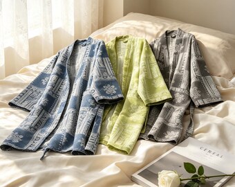 Boho Print Cotton Gauze Robe - Lightweight Muslin Kimono - Bohemian Loungewear Bathrobe