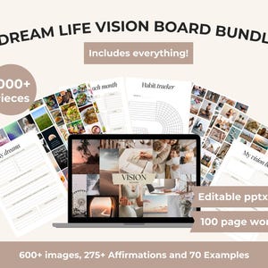 Vision Board Kit 600+ Images 275+ Affirmations 70 Examples 100 Page Workbook Goal Planner Manifestation Journal PPTX