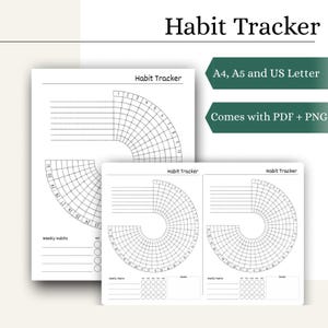 May include: A printable habit tracker template featuring a circular grid design for tracking daily activities, labeled "Habit Tracker" with sections for weekly habits and goals. The text includes "A4, A5 and US Letter" and "Comes with PDF + PNG".