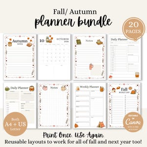May include: A digital Fall/Autumn planner bundle featuring 20 pages with seasonal illustrations like pumpkins, leaves, and cosy drinks. Includes daily, weekly, and notes layouts with text such as Autumn Notes, October 2026, and Fall Bucket List. Editable in Canva.