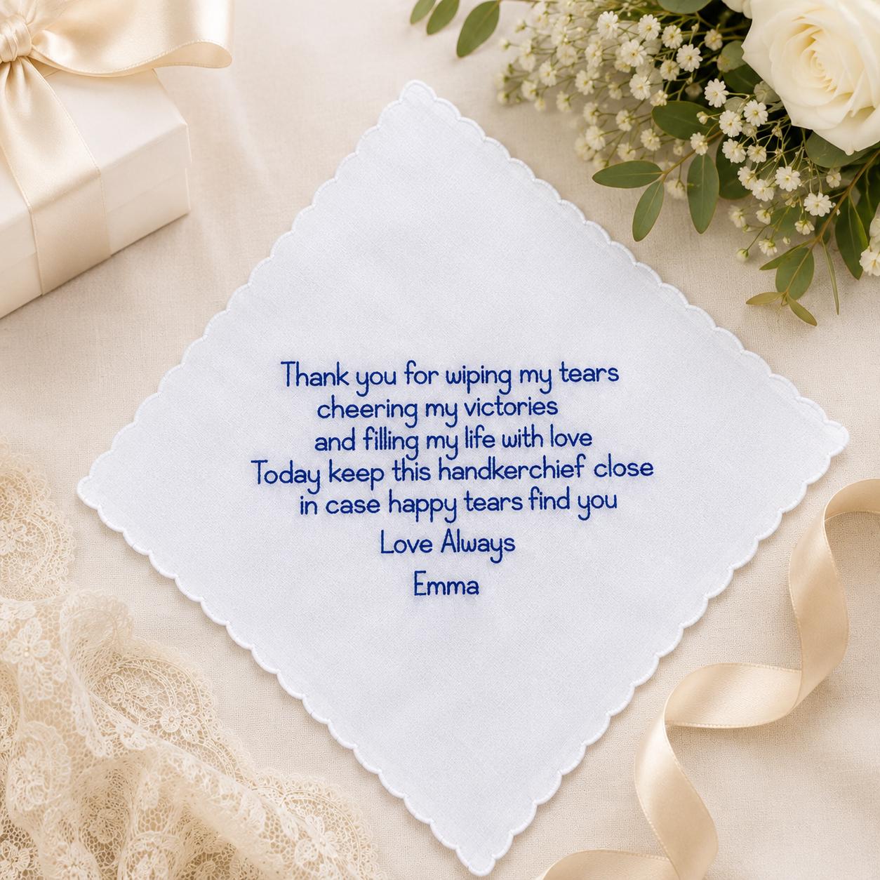 Personalized Embroidered Handkerchief, Custom Message Handkerchief, Wedding Keepsake Gift for Mom, Dad, Bride, Groom, Cotton Hankie