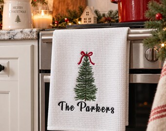 Personalized Christmas Kitchen Towel, Family Name Embroidered Holiday Towel