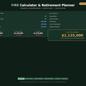 May include: A dark green digital financial planning tool titled "FIRE Calculator & Retirement Planner." The interface displays key financial metrics, including income, expenses, and net worth, with a focus on early retirement planning. The text "Your FIRE Number" is highlighted.