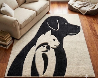Black Cream Animal Family Rug, Modern Nursery Carpet, Wildlife Decor