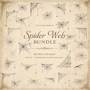 May include: A digital collection of 30 black pencil-style spider web illustrations on a beige background. The text reads VINTAGE PENCIL Spider Web BUNDLE 30 PNG IMAGES 300 DEI - TRANSPARENT BACKGROUND. Various web shapes and hanging spiders are included.