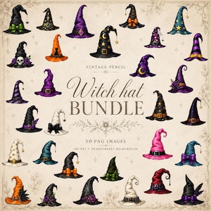 May include: A digital collection of 30 illustrated witch hats in various colors and styles, including black, purple, orange, and pink designs with stars, buckles, flowers, and bows. The text reads VINTAGE PENCIL Witch hat BUNDLE 30 PNG IMAGES 300 DPI.