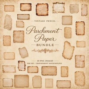 May include: A digital collection of 30 individual parchment paper images with various torn, burnt, and weathered edges. The central text reads VINTAGE PENCIL Parchment Paper BUNDLE 30 PNG IMAGES 300 DPI TRANSPARENT BACKGROUND with a decorative flourish.