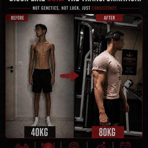 May include: A transformation graphic titled FROM 40KG TO 80KG. DISCIPLINE BUILT THE TRANSFORMATION. It shows a before and after comparison of a person's physique, with icons for training, nutrition, mindset, tracking, and habits at the bottom.