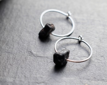 Raw Black Tourmaline Crystal Earrings, Sterling Silver Crystal Hoop Earrings, Minimal Jewellery, Rock Jewellery