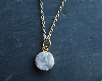 Raw Clear Quartz Druzy Crystal Necklace with 18K Gold Plated Chain; Tiny Druzy Pendant; Minimalist Jewellery, Gold Crystal Choker Necklace