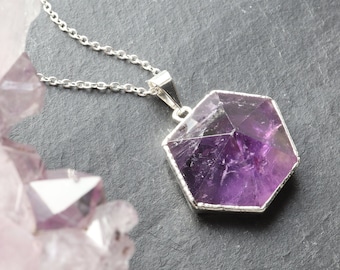 Amethyst Hexagon Cut Crystal Necklace, Geometric Pendant Necklace, February Birthstone, Statement Crystal Jewellery, Silver Plated