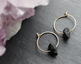 Raw Black Tourmaline Crystal Earrings, Gold Filled Crystal Hoop Earrings, Minimal Jewellery, Rock Jewellery, Stacking Earrings, Gold Hoops