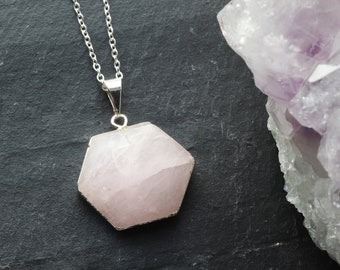 Rose Quartz Hexagon Cut Crystal Necklace, Rose Quartz Point Crystal, Geometric Pendant Necklace, Statement Crystal Jewellery, Silver Plated