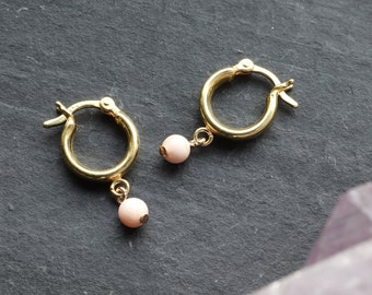 Pink Opal Chunky Huggie Earrings, Crystal Earrings, Thick Hoop Earrings, Ear Cuff, Gold Hoop Charm Earrings, Dangle Earrings, Gift for Her