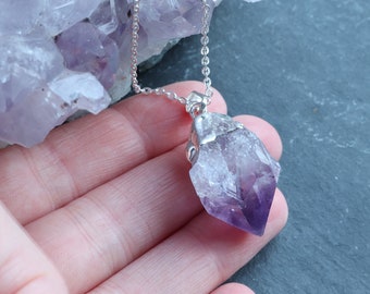 Raw Amethyst Point Crystal Necklace, Raw Crystal Jewellery, Statement Necklace, February Birthstone Jewellery, Silver Amethyst Pendant