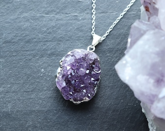 Raw Amethyst Geode Necklace, Cluster Crystal, Crystal Druzy Pendant, February Birthstone, Statement Silver Jewellery, Large Cluster Necklace