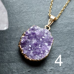 Raw Amethyst Geode Cluster Crystal Necklace, Amethyst Druzy Pendant, February Birthstone, Statement Gold Jewellery, Large Cluster Necklace image 9
