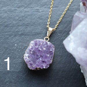 Raw Amethyst Geode Cluster Crystal Necklace, Amethyst Druzy Pendant, February Birthstone, Statement Gold Jewellery, Large Cluster Necklace image 6