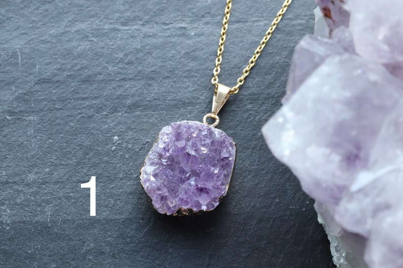 Raw Amethyst Geode Cluster Crystal Necklace, Amethyst Druzy Pendant, February Birthstone, Statement Gold Jewellery, Large Cluster Necklace image 6