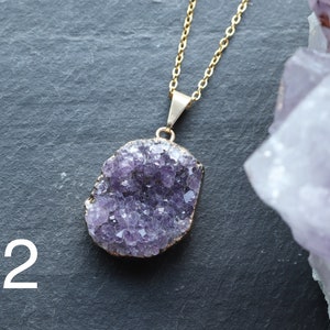 Raw Amethyst Geode Cluster Crystal Necklace, Amethyst Druzy Pendant, February Birthstone, Statement Gold Jewellery, Large Cluster Necklace image 7