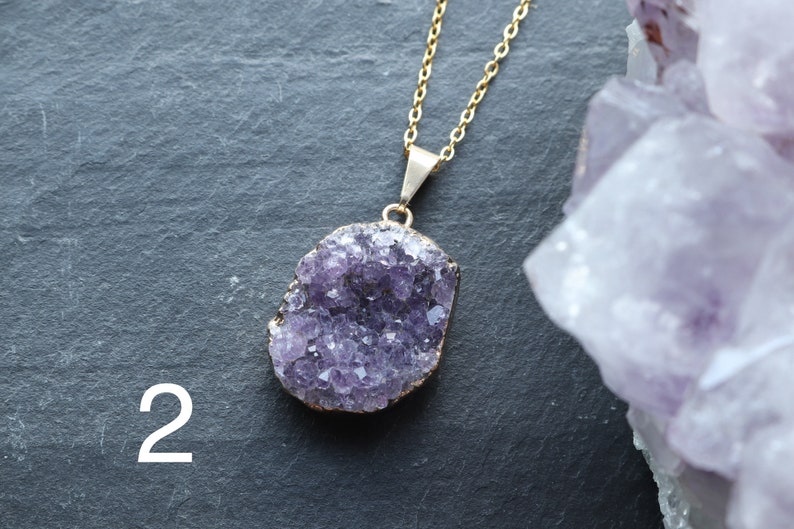 Raw Amethyst Geode Cluster Crystal Necklace, Amethyst Druzy Pendant, February Birthstone, Statement Gold Jewellery, Large Cluster Necklace image 7