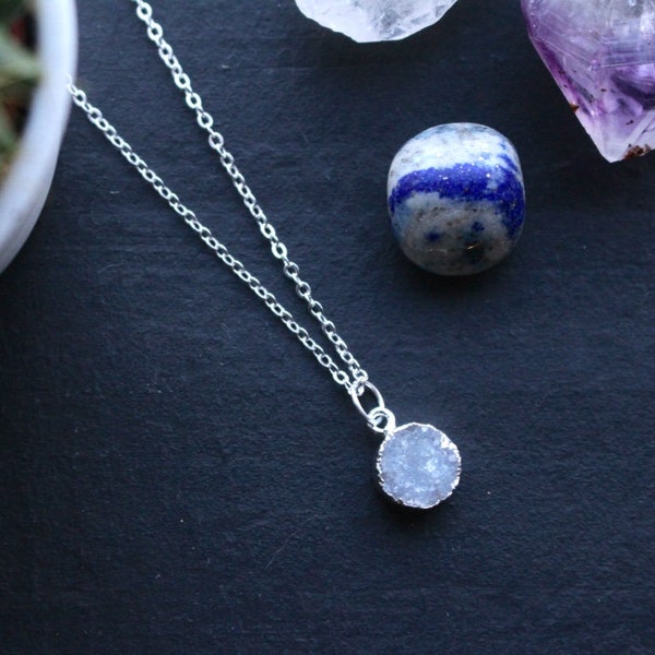 Genuine Petite Clear Quartz Raw Geode Druzy Crystal Necklace with 925 Silver Plated Chain; Tiny Druzy Pendant; Minimalist Jewellery