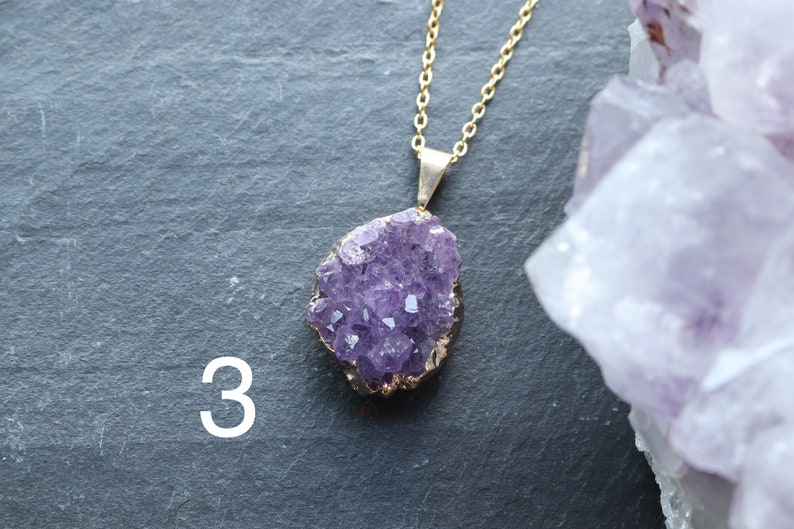 Raw Amethyst Geode Cluster Crystal Necklace, Amethyst Druzy Pendant, February Birthstone, Statement Gold Jewellery, Large Cluster Necklace image 8