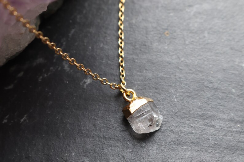 Herkimer Diamond Crystal Necklace, Crystal Point Gold Pendant, Dainty Crystal Necklace, Natural Crystal Jewellery, Gold Crystal Necklace UK image 2