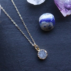 Genuine Petite Clear Quartz Raw Geode Druzy Crystal Necklace with 18K Gold Plated Chain; Tiny Druzy Pendant; Minimalist Jewellery