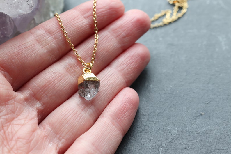 Herkimer Diamond Crystal Necklace, Crystal Point Gold Pendant, Dainty Crystal Necklace, Natural Crystal Jewellery, Gold Crystal Necklace UK image 4