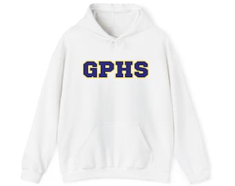 Sudadera con capucha y logo de GPHS Letterman / Sudadera con el espíritu escolar, azul marino y dorado